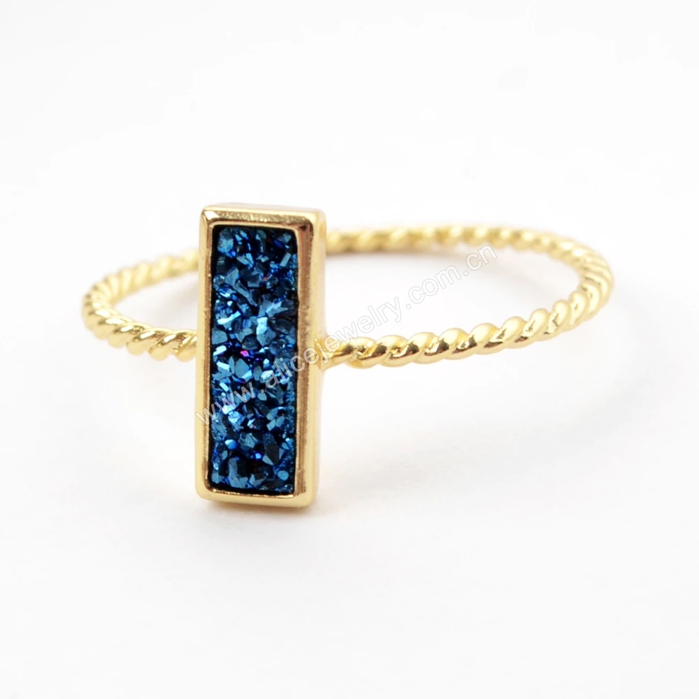 ZG0291 Hot Sales Rectangle Gold Plated Natural Agate Titanium Rainbow Druzy Bezel Ring, Moon Ring Jewelry