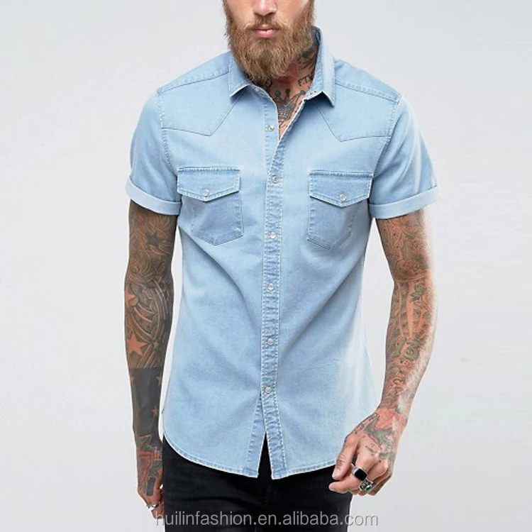 mens fashion shirts made in turkey point collar short sleeve denim shirt in light blue