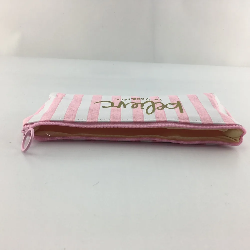 Cute Pink and White Stripe Printed Canvas Pencil Case with Zipper Closure Student Pencil Bag