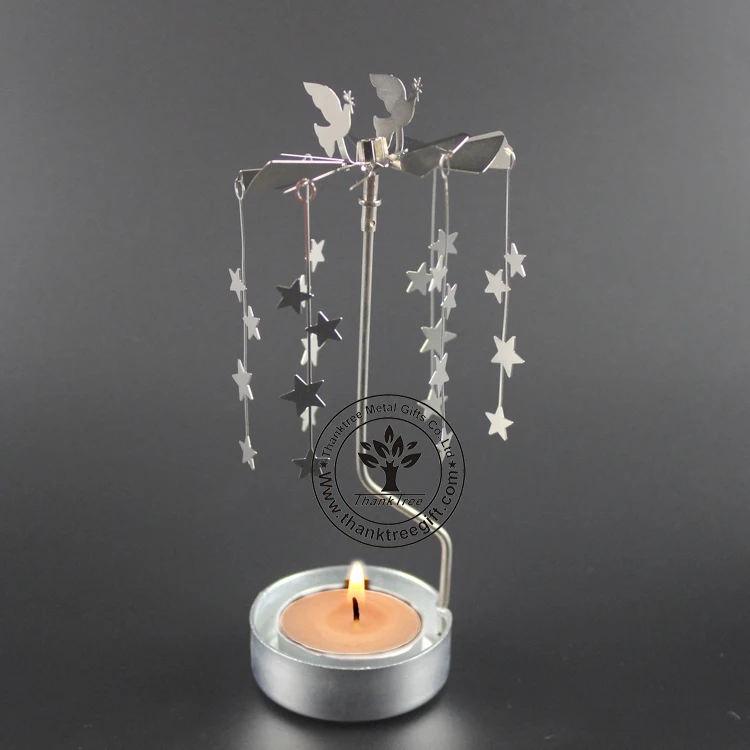 Silver plated metal etching rotating spinning tea light candle holder SCH-029
