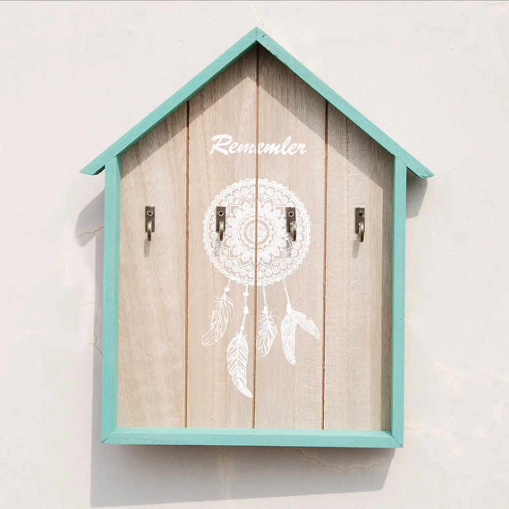 House Shape Wooden Decoration Wall Hanging Hook Key Storage Box