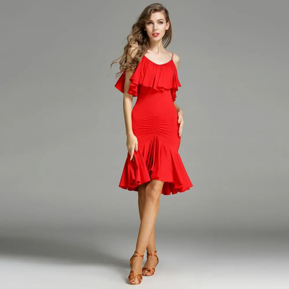 YF-MY757 Halter Neckline Dancing Dress Women Ladies Adult Latin Rumba Cha Cha Samba Ruffled Dress Costume Performance Wear