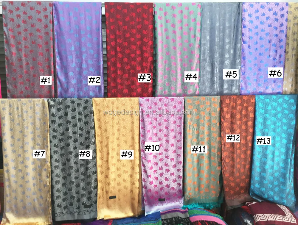 Fashion hot sold famous superb Thai design womens trims shawls hijab wraps jacquard gold elephant imitation silk scarf pashmina