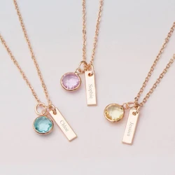 18 inches Personalized Pendant Necklace in Stainless Steel 12 Colors Birthstone Charm and Bar Pendant with Name or Saying