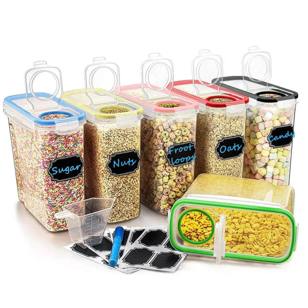 Stackable Large Kitchen Plastic Dry Cereal Food Storage Containers with Colorful Lids
