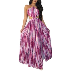 Hollow Out Waist Silk Dress Pattern Pictures Women Sexy Halter Backless Floral Long Maxi Summer Beach Dress