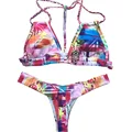 New Print Floral Palm Set High Neck Tank Zipper Striped Swimsuit Padded Bra High Waist Swimwear
