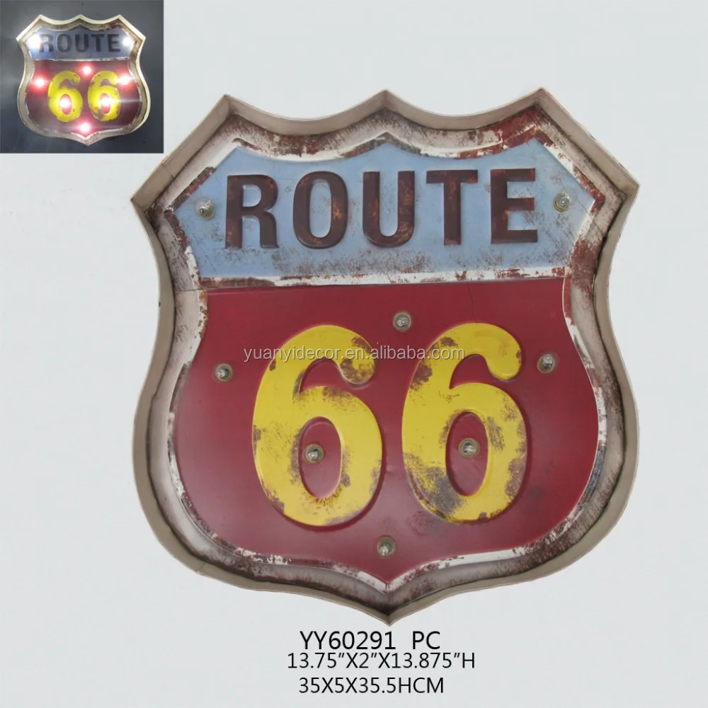 Vintage customer printing route 66 metal advising palque with LED light