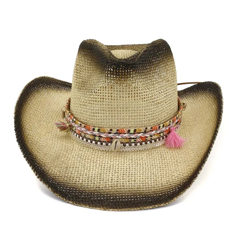 Summer Women Black Spray Paint Panama Style Hat Shell Ribbon Decoration Wide Large Brim Visor Caps Wholesale Cowboy Straw Hat