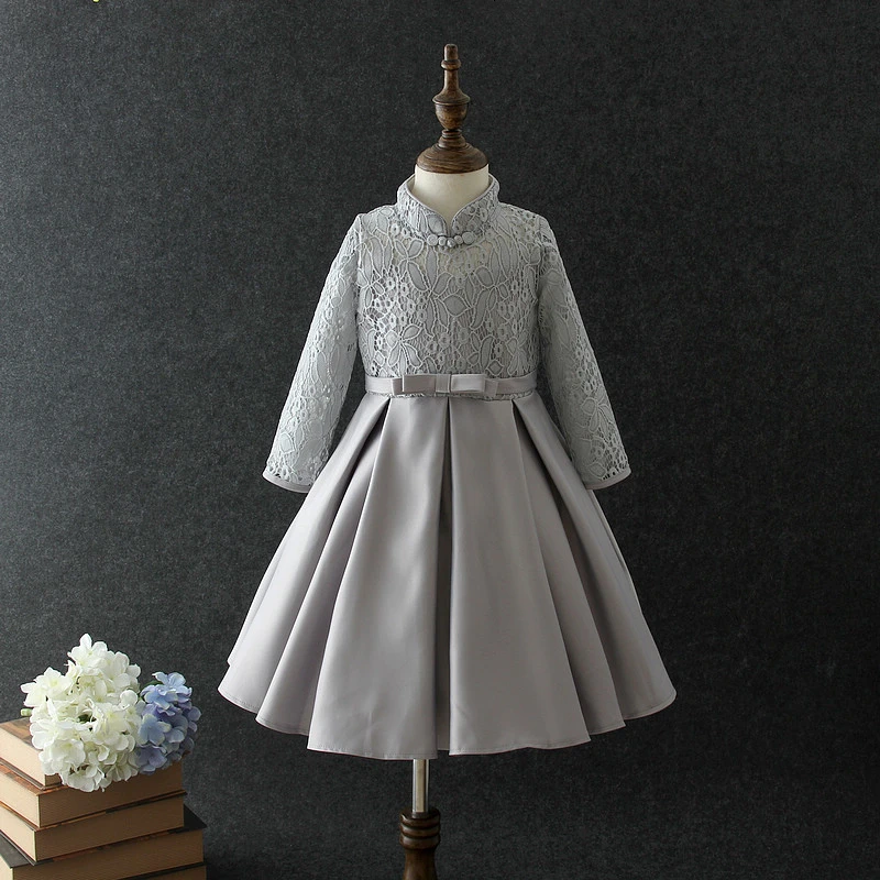 2024 Chinese knot beautiful baby red lace dresses with long-sleeves