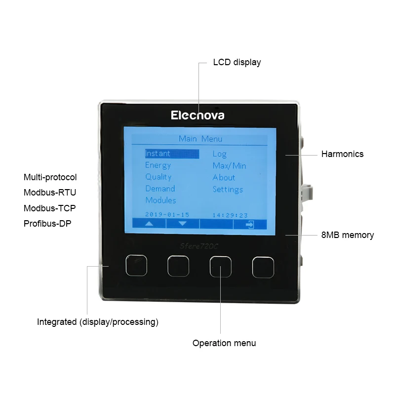 Elecnova Sfere720C LCD display 1st-63rd harmonic RS485 digital 3 phase bi-directional energy meter