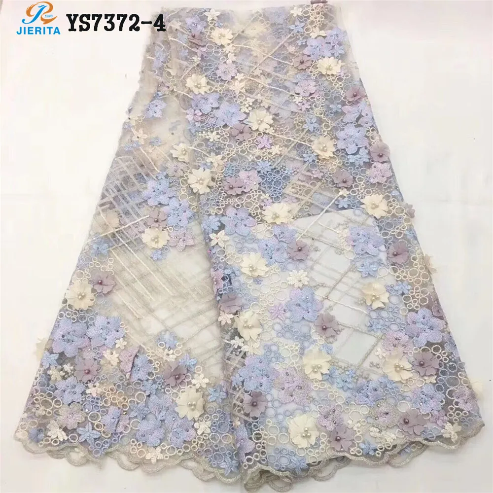 YS7372-5 African Beautiful high-end French net lace embroidery beads drill three dimensional flower gauze wedding dress
