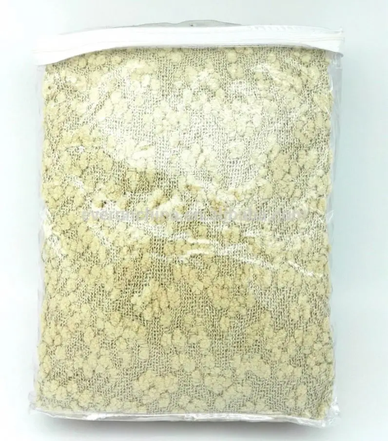 acrylic fashion pompon machine woven plaid throw blanket,with fringe,stock in white and camel color