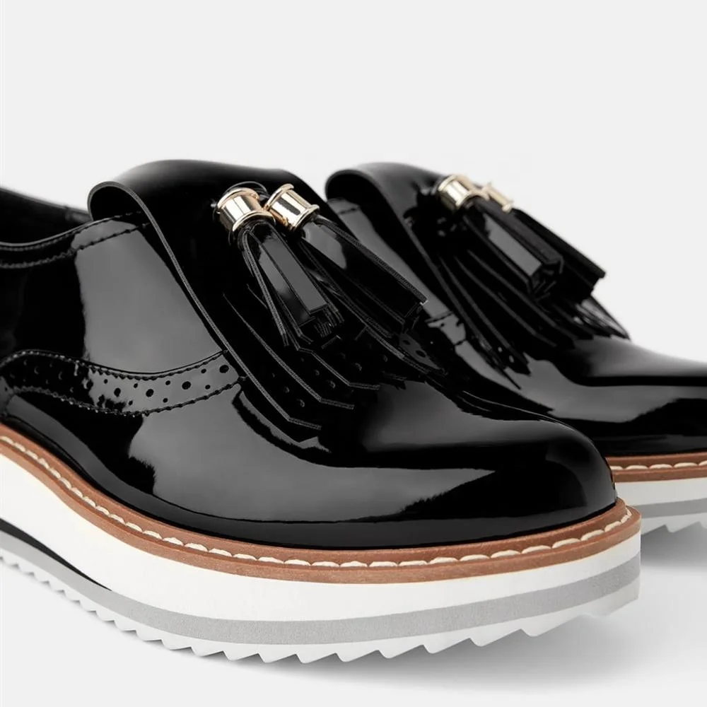 
MANRINO-0245 Black Oxford Style Patent Leather Upper Thick Sports Outsole Tassels Decor Womens Slip In Casual Sneakers 2019 