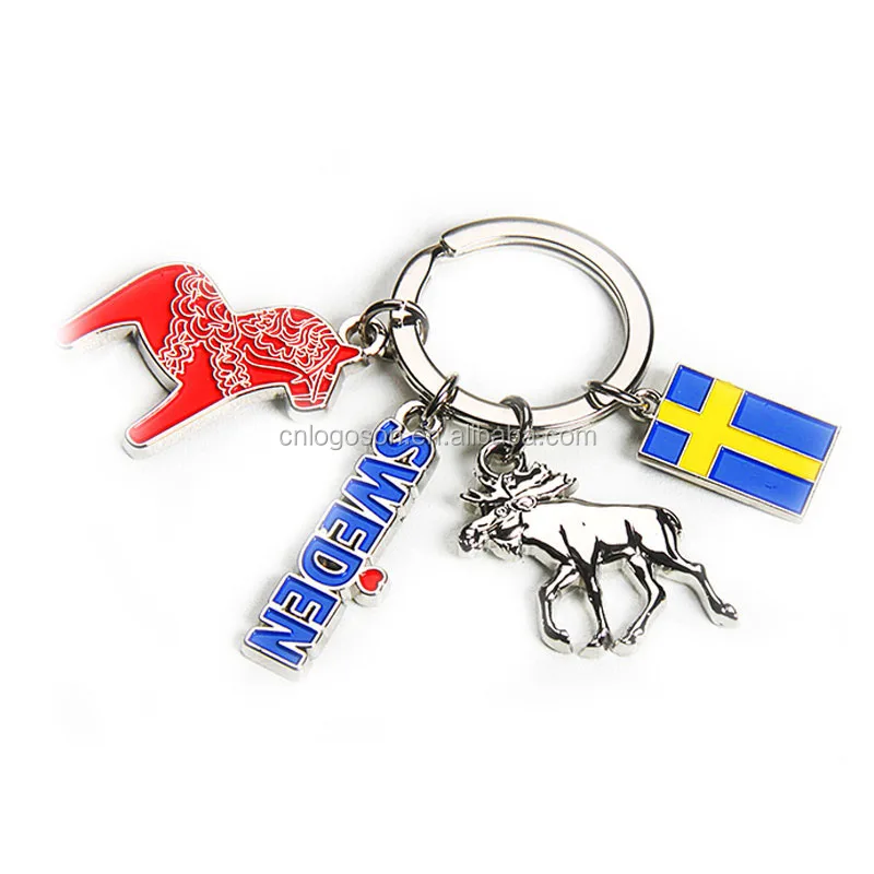 Factory Custom Quality Sweden Dala Horse Moose Elk Souvenir Kerings Swedish Flag Metal Keychains Sweden Souvenir Keyring