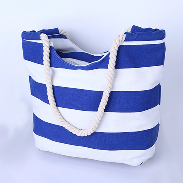 Wholesale stripe canvas beach tote bag /Duty Cotton Canvas Stripe Bag With Reliable Rope Tote Stylish