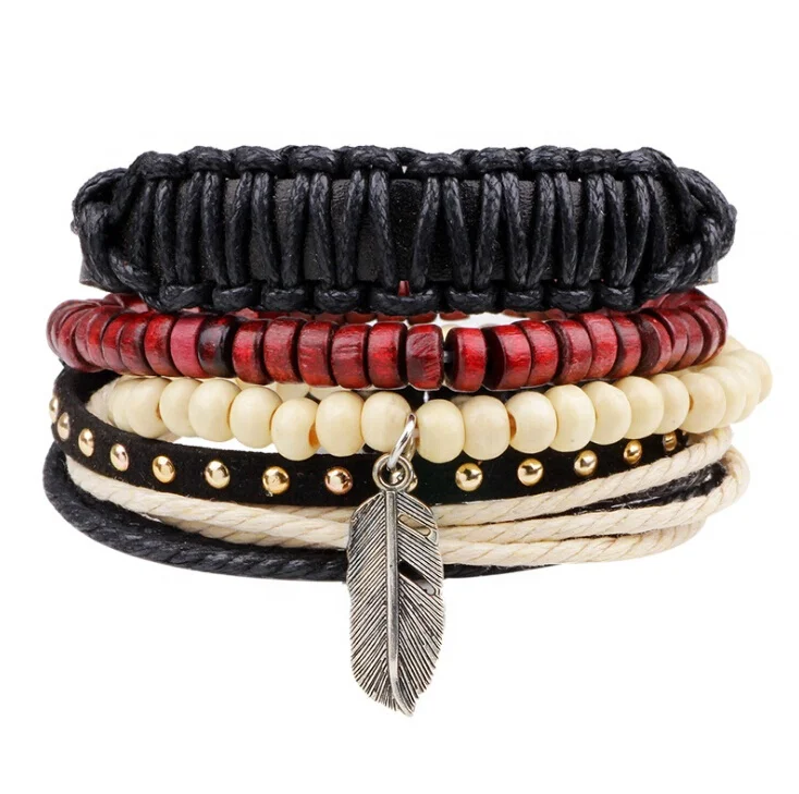 Bohemia Women Men Wood Beads Alloy Feather Charm Layers Rope Stretched Leather Bracelet