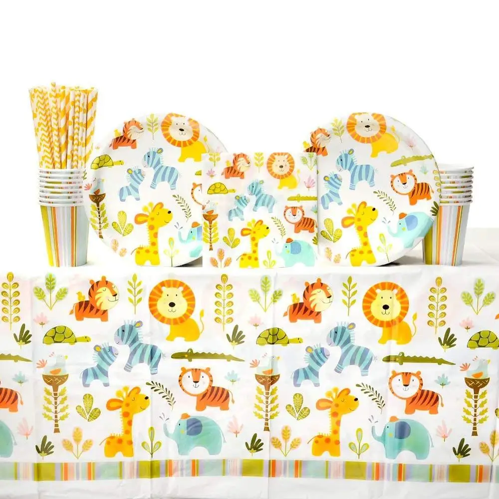 Animals Jungle Birthday Party Supplies and Baby Shower Set - 16 Guests - Plastic Table Cover, Balloon, Centerpiece, Double Theme