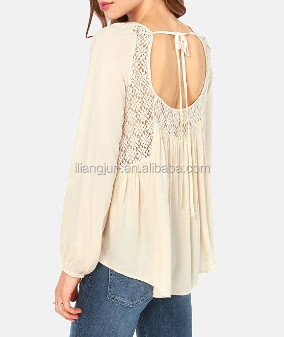 Square neck embroidered lace long puff sleeve flowing top