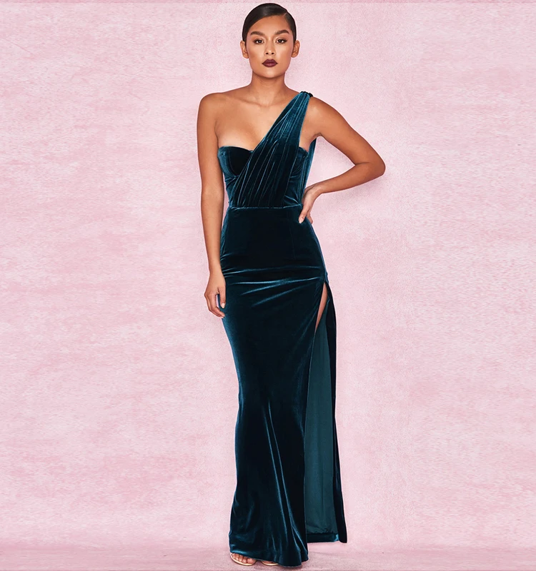 
Elegant Dark Blue Velvet One Shoulder Maxi Wrap Neckline Slit Sleeveless Sexy Evening Party Dress 