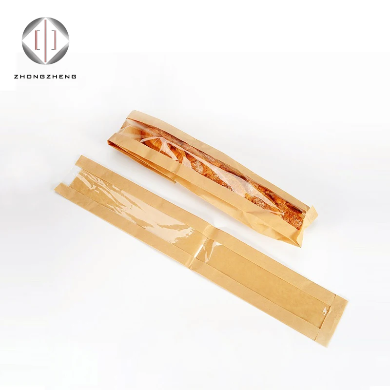 Sharp Bottom Window Baguette French Caterpillar Bread Bakery Paper Bag Food Package Kraft Paper Customized Flexo Printing Accept