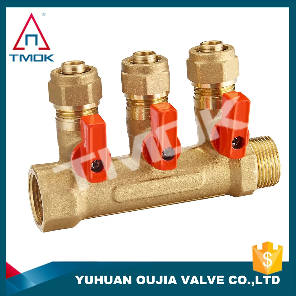 3 ways brass forge manifold for floor heating brass hydraulic manifold blocks from Oujia valve company in Zhejiang