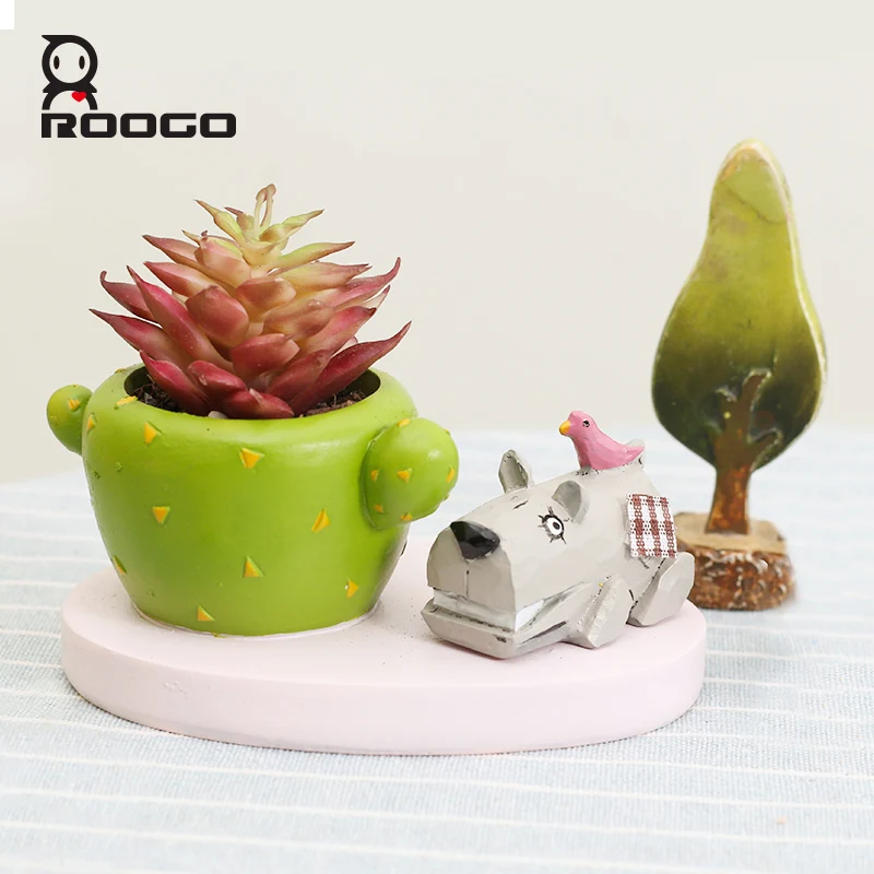 ROOGO Unique Funny Resin Small Planter Succulent Mini Cactus Pots With Animal Figurine Small Gift Items