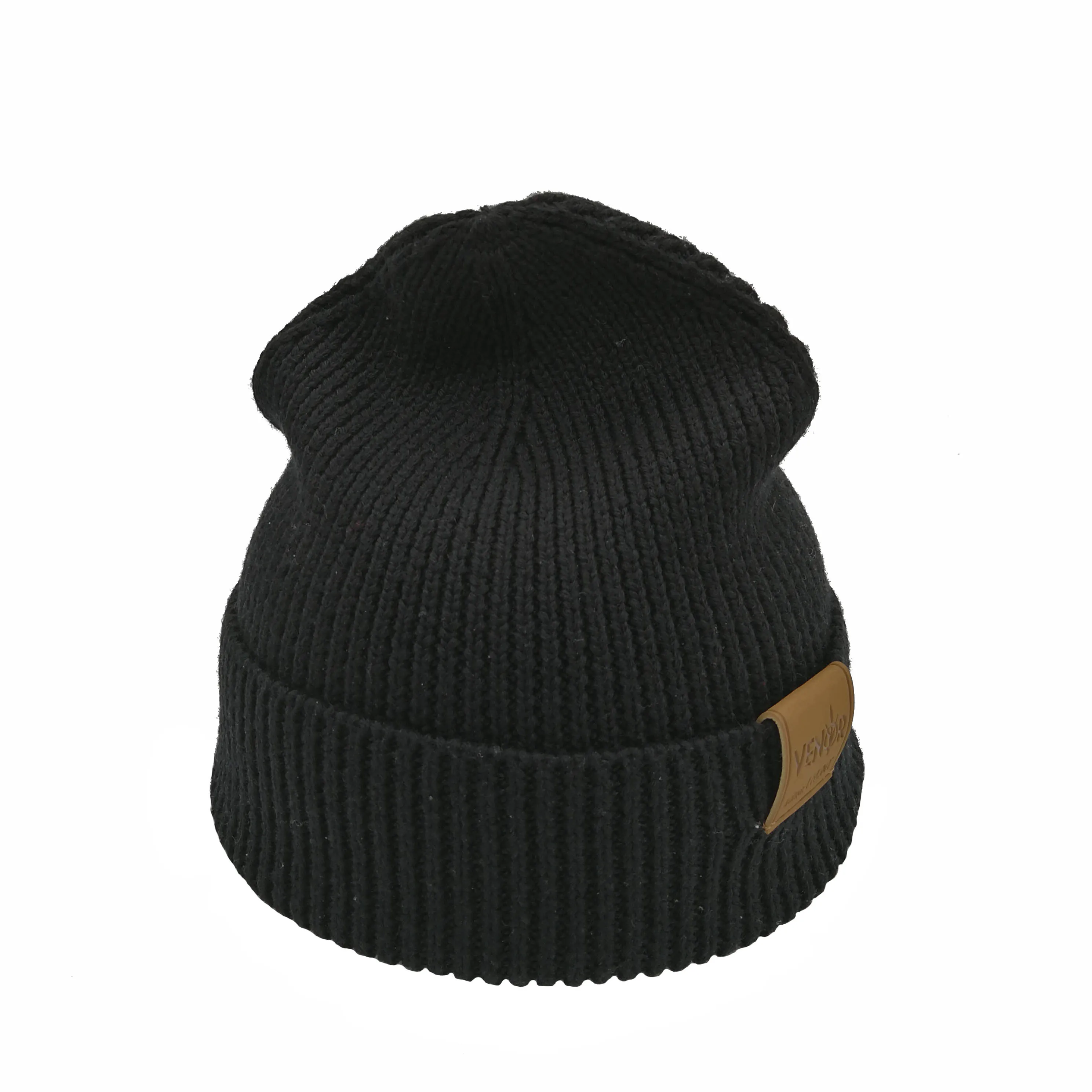 Black Wool Blend Soft Fisherman Slouchy Custom Knitted Ribbed Beanie With Leather Label