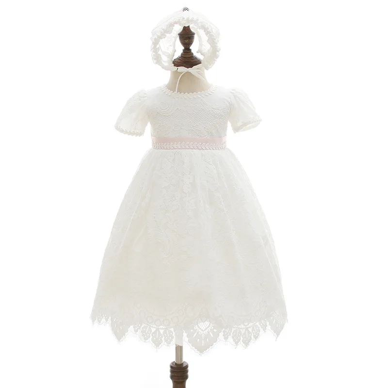 Wholesale infant girl boutique clothing toddler frocks designs short sleeve white lace baptism dress little girls party dress