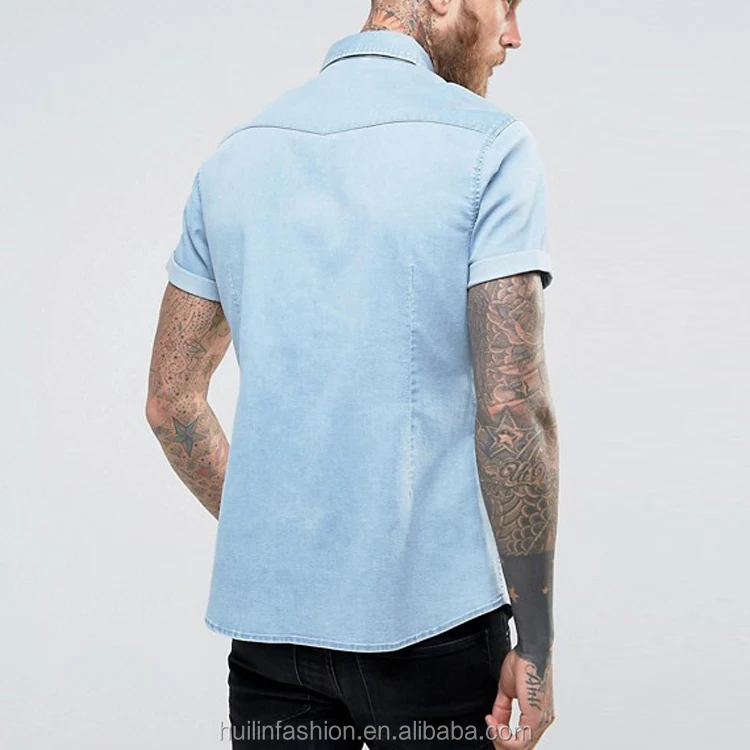 mens fashion shirts made in turkey point collar short sleeve denim shirt in light blue