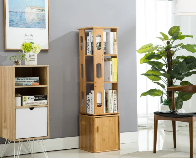 
360 Rotating Organizer Cabinet Rack Bamboo Bookshelf Revolving Bookcase with Cabinet Base 