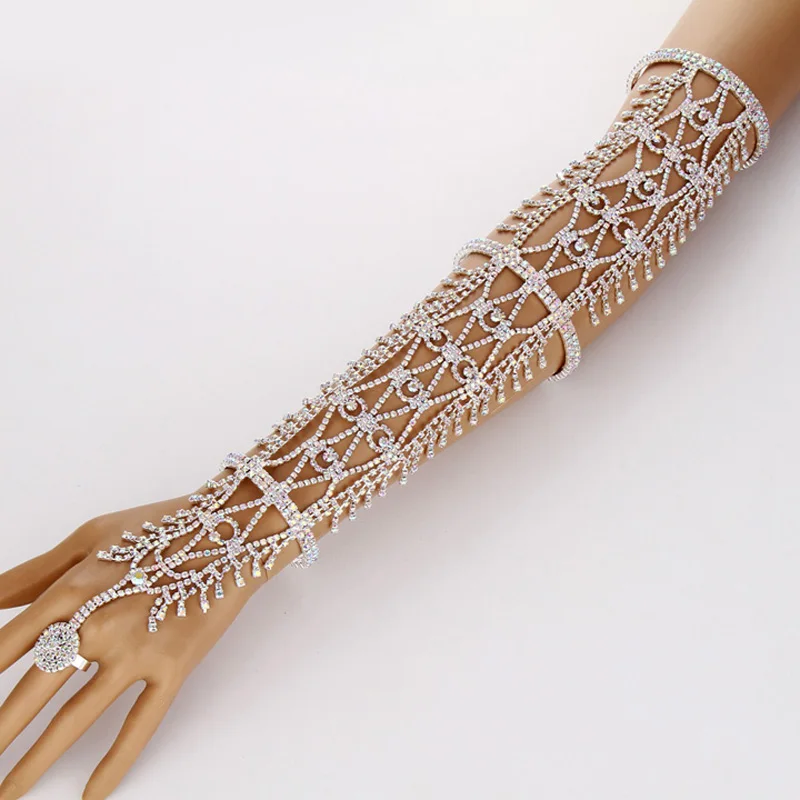 
Crystal rhinestone arm hand chain cuff ring copper bracelet 