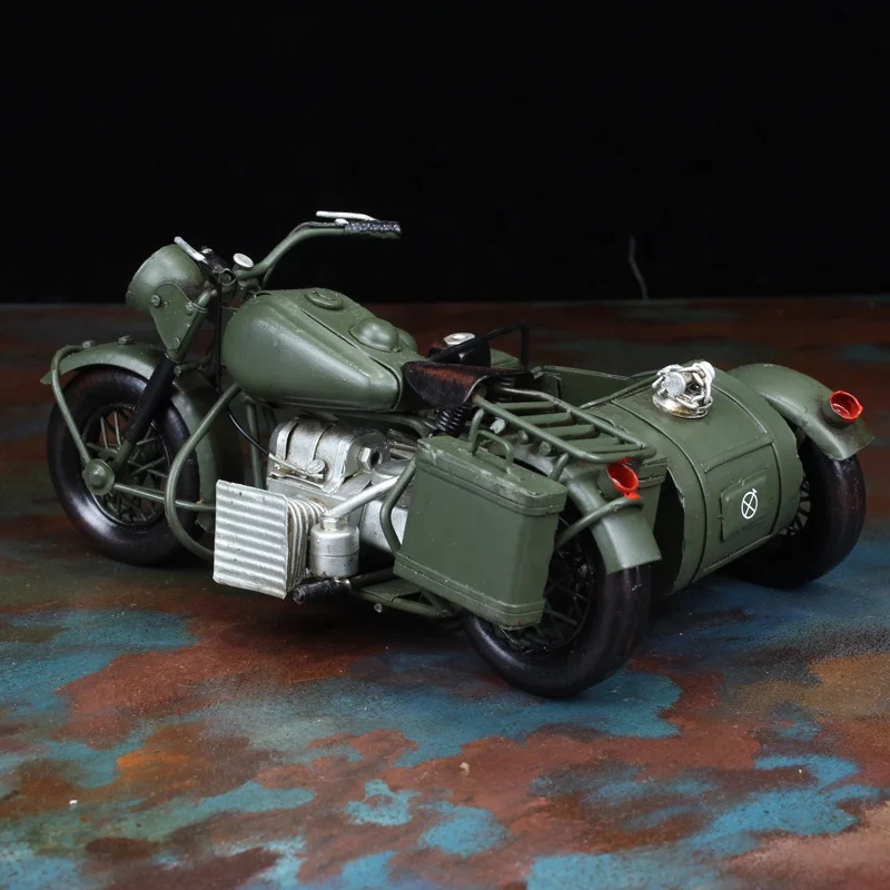 Durable Newest Design Sidecar Iron Green Motor  Antique Tricycle Motorcycle Model 1:8 Scale Vintage Home Decor
