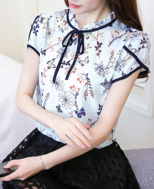 Chiffon jacket spring and summer new dress sweet lace floral short-sleeved shirt blouse