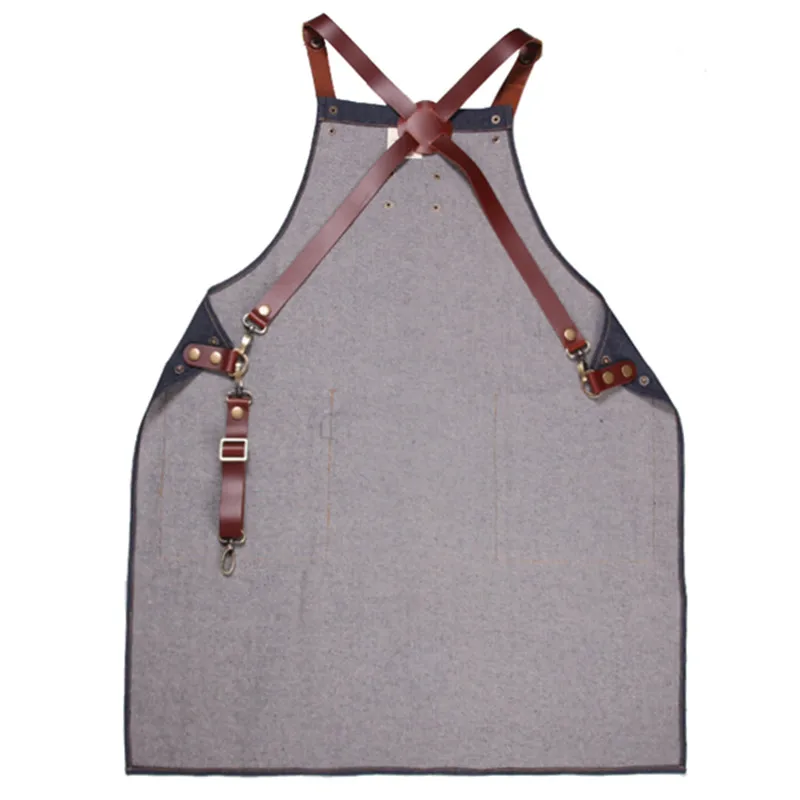
Wholesale Black Denim Long Apron with Leather Strap adjustable apron for restaurant 