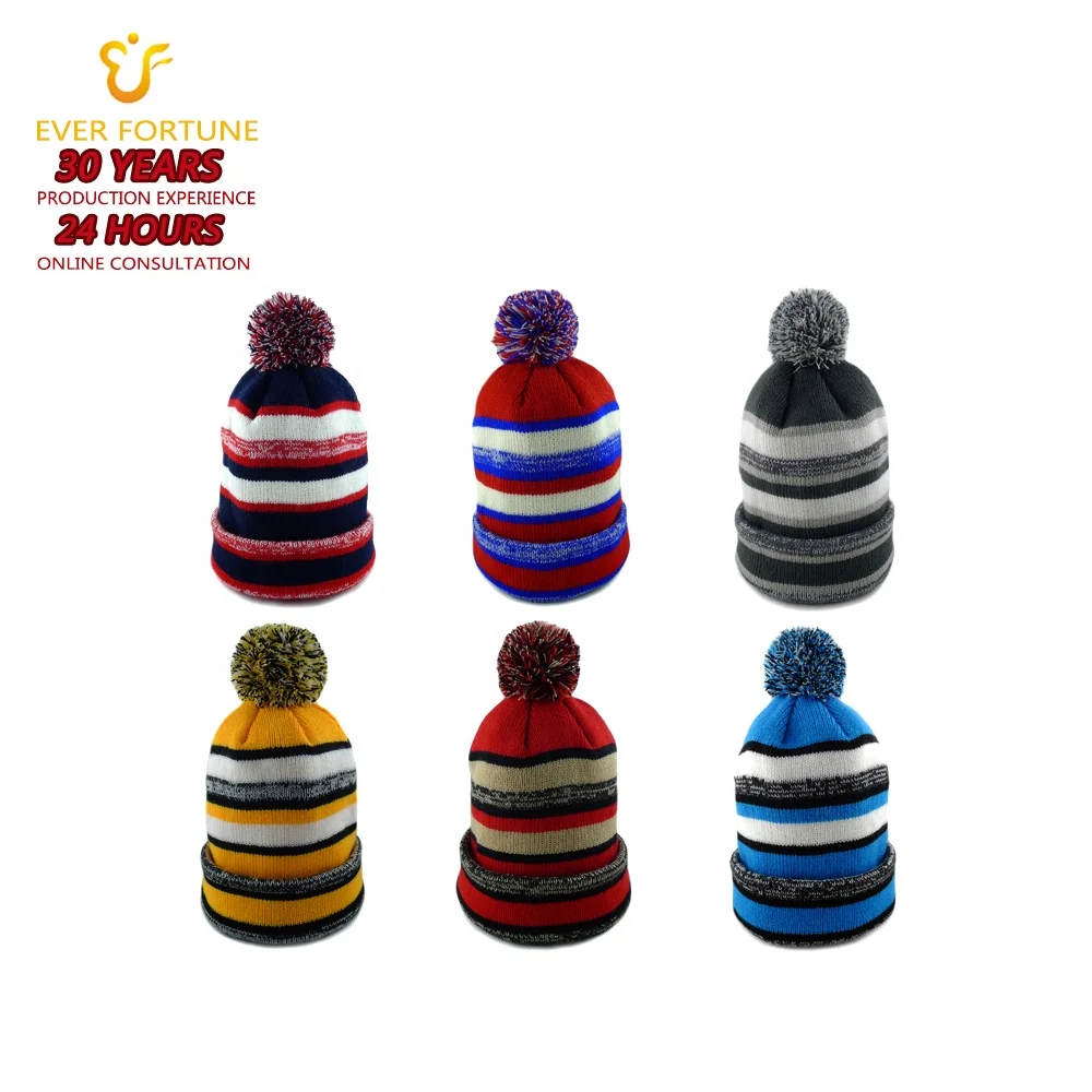 
High quality classic winter knit cuff hats custom toque tuque pom pom beanie acrylic ski hats with variegated stripes unisex 