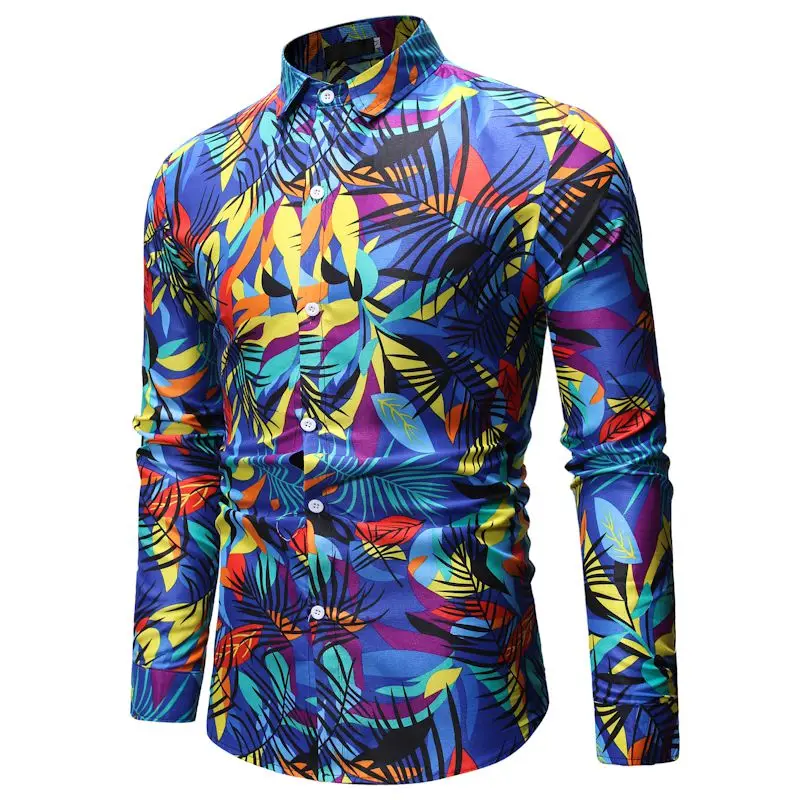 Men Hawaiian Shirt Long Sleeve Floral Print Mens Dress Formal Shirts  Men Casual Slim Fit Tops Shirt M-3L