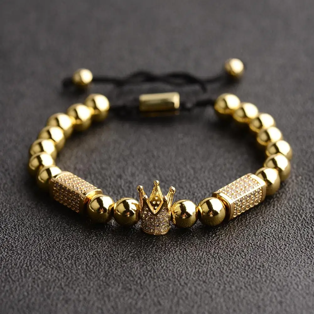 No Fade 8mm Real Gold Plated Copper Bead Micro Pave CZ Imperial Crown Charm Braided Macrame Bracelet Pulseira Masculina