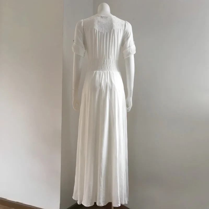 
UK V neckline Patchwork embroider tall waist maxi cotton dress bohemia style 