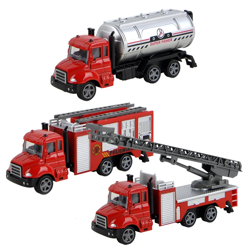 1/64 Fire Engine Truck Pull Back Die Cast Alloy Car Model Fire Ladder Truck Water Cannon Water Storage Vehicle Toddler Boy Toys