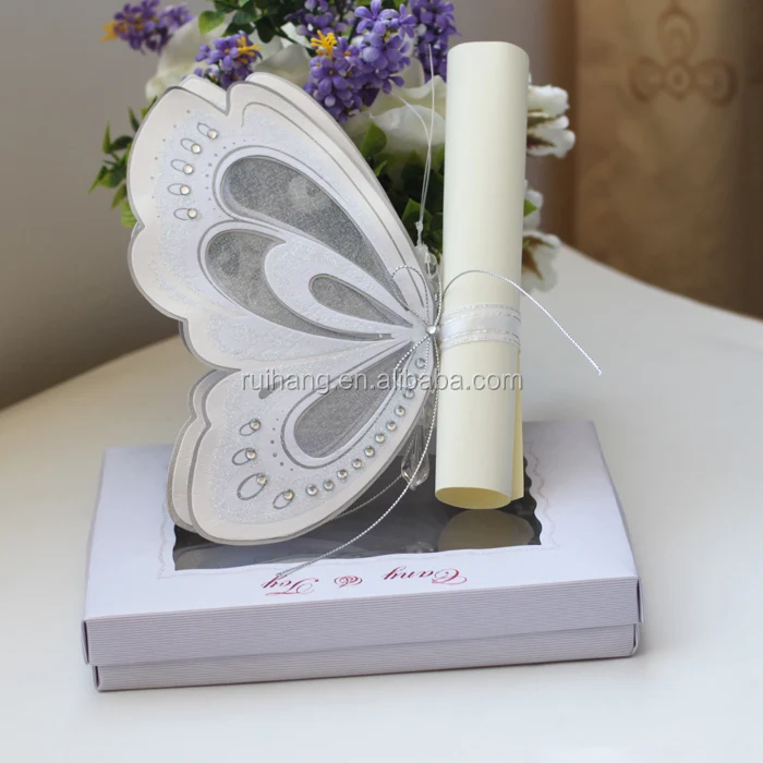 Hot sale luxurious elegant white laser cut butterfly scroll wedding invitations