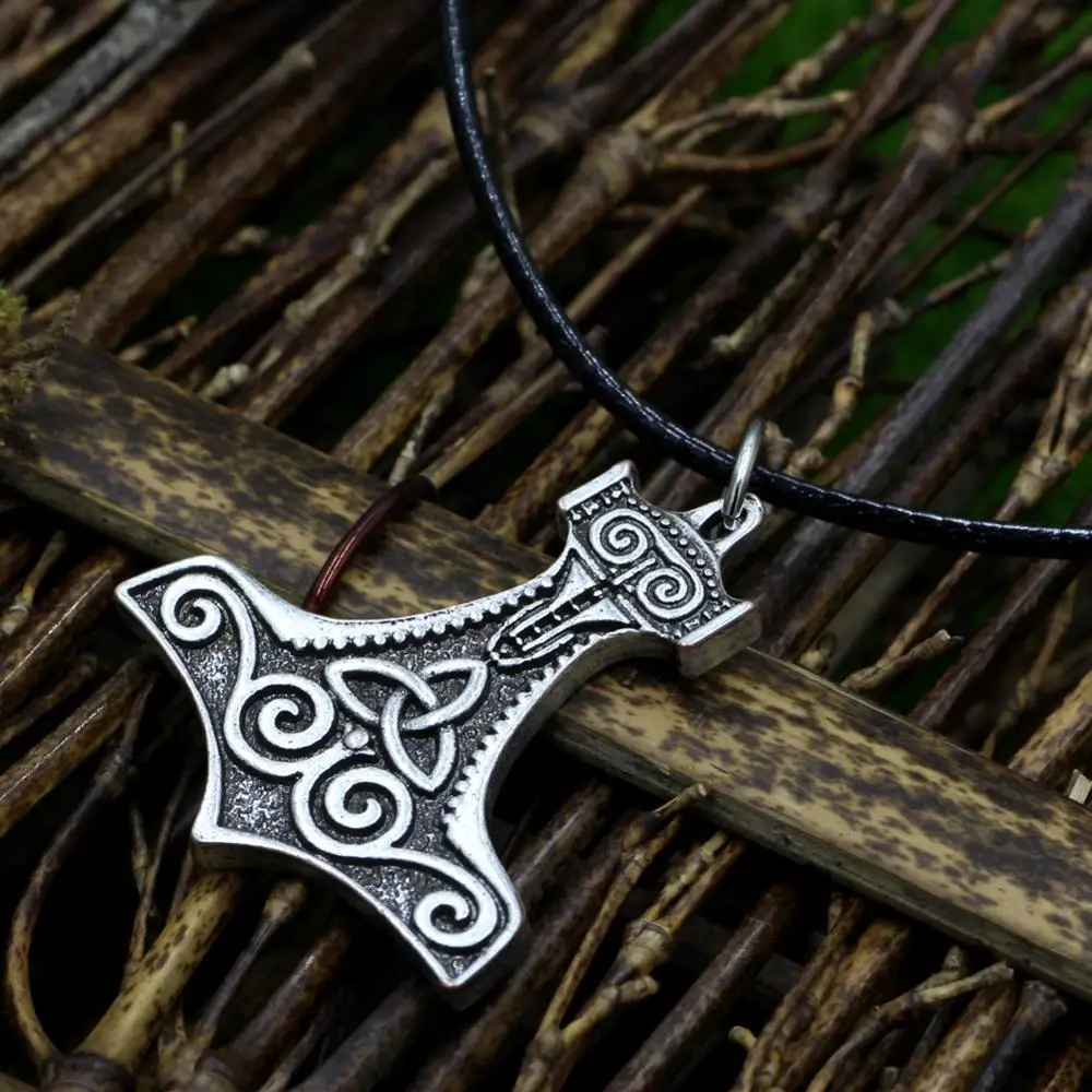 Norse Vikings Amulet PENDANT Necklaces Hammer Of Thor Mjolnir Pendant Leather Rope Necklaces Knot Viking Jewelry
