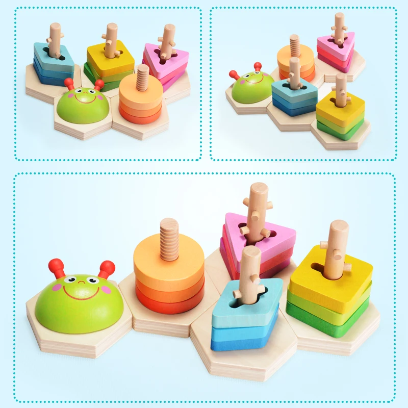 Kidus Worm Puzzle Geometric Shape with 5 Columns Building Educational Toy for Baby