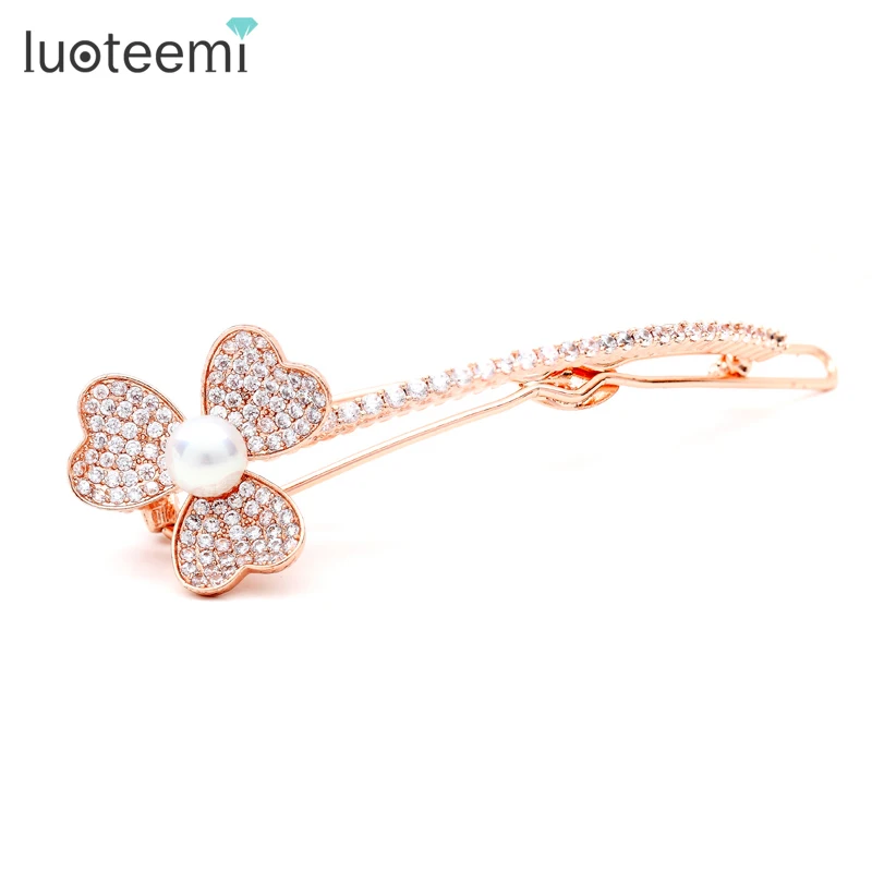 
LUOTEEMI Wholesale High Quality Rose Gold Plated Handmade CZ Micro Paved Shell Pearl Flower Bridal Girl Hairpin For Wedding  (60350700170)