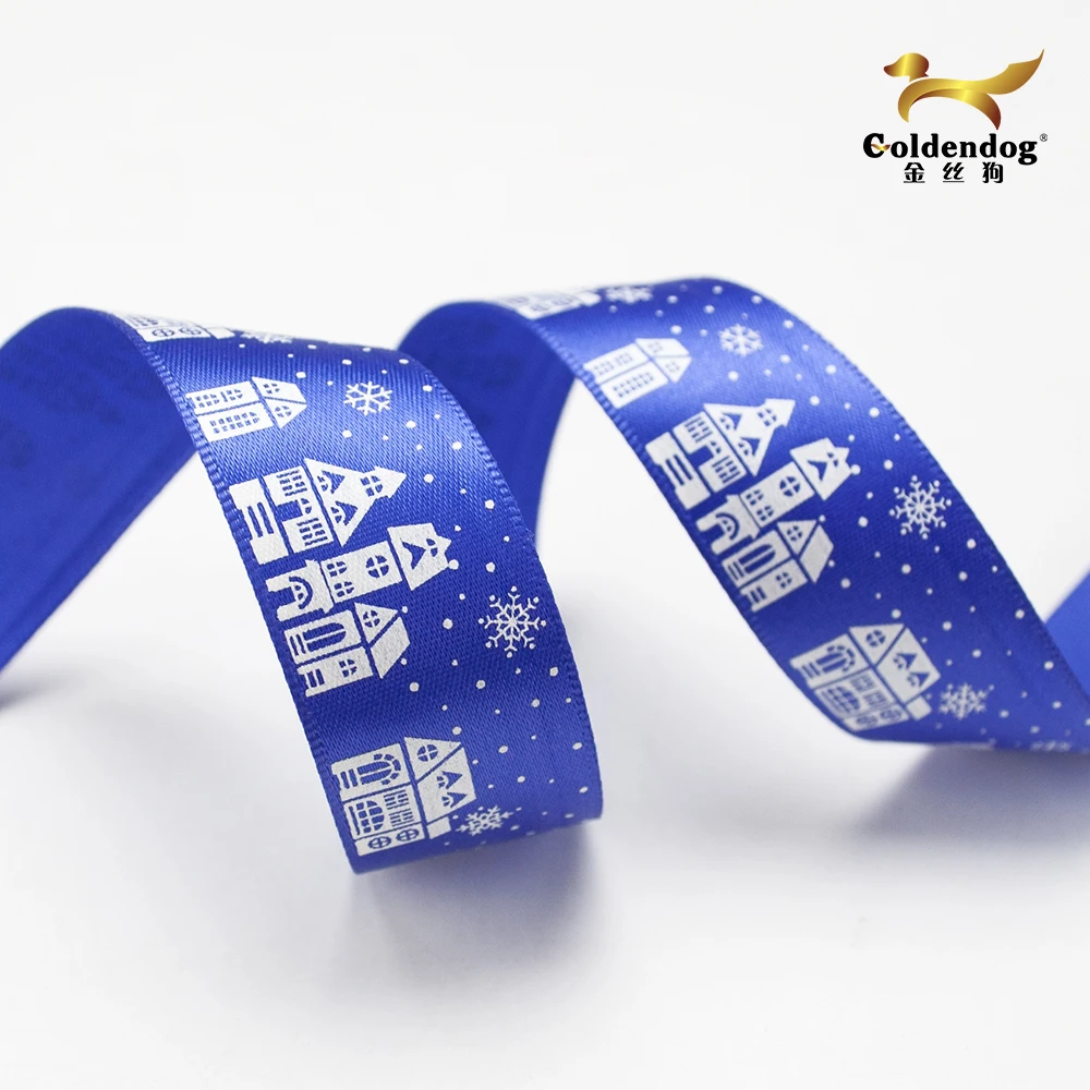Wholesale blue and black 22mm(7/8 inch) christmas holiday silk printed satin celebrate it ribbon