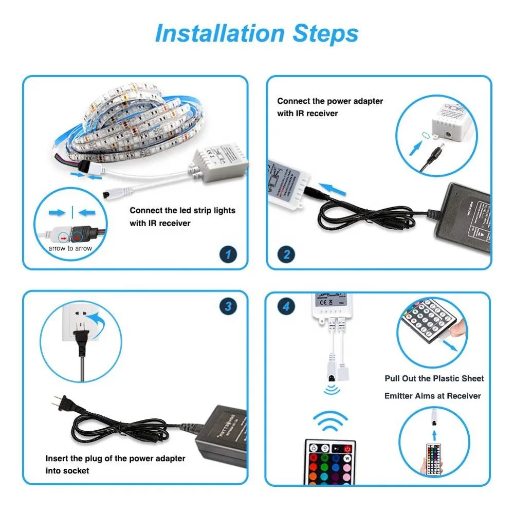 12V 5M 300leds Color Changing Waterproof 5050 RGB LED Light Strip Kit with 44 key ir remote controller & 12v 5a power adapter