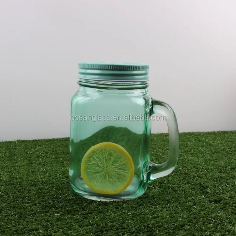 Colored glass drink cup with handle Mason jar mug with metal lids Wholesale 16oz drinking bottle with plastic straw