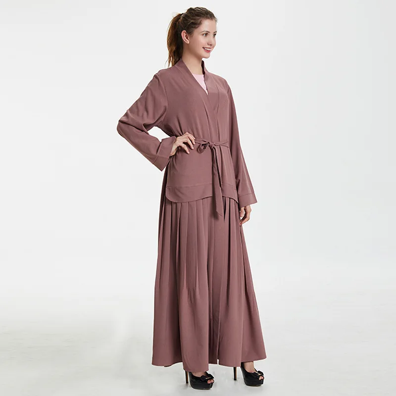 2018 Autumn new arrive arab tunic robes with belt front open muslim abaya dress solid color islamic clothing collections