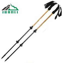 Factory price 3 sections trekking pole with bamboo surface outdoor portable telescopic aluminum pole hiking cane walking sticks