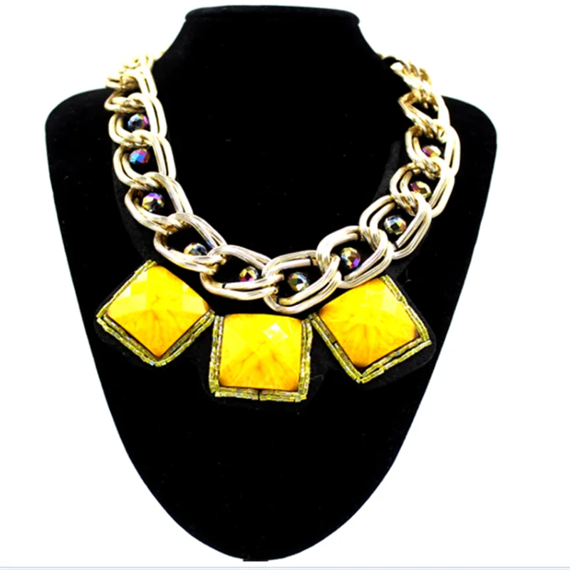 Wholesale Price Turquoise Chunky Thick Chain Gold Plated Necklaces Coloful Reinstone Necklace Set